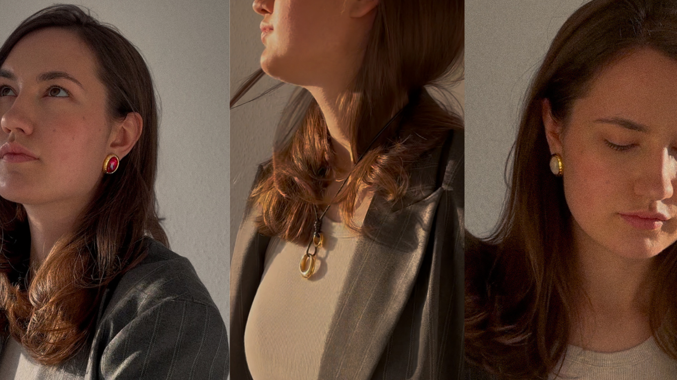 Three-panel image of woman wearing vintage-inspired statement jewelry: bold red and gold stud earrings, layered pendant necklace with tortoise shell rings, and elegant oval gold earrings — styled with neutral tones and soft natural light