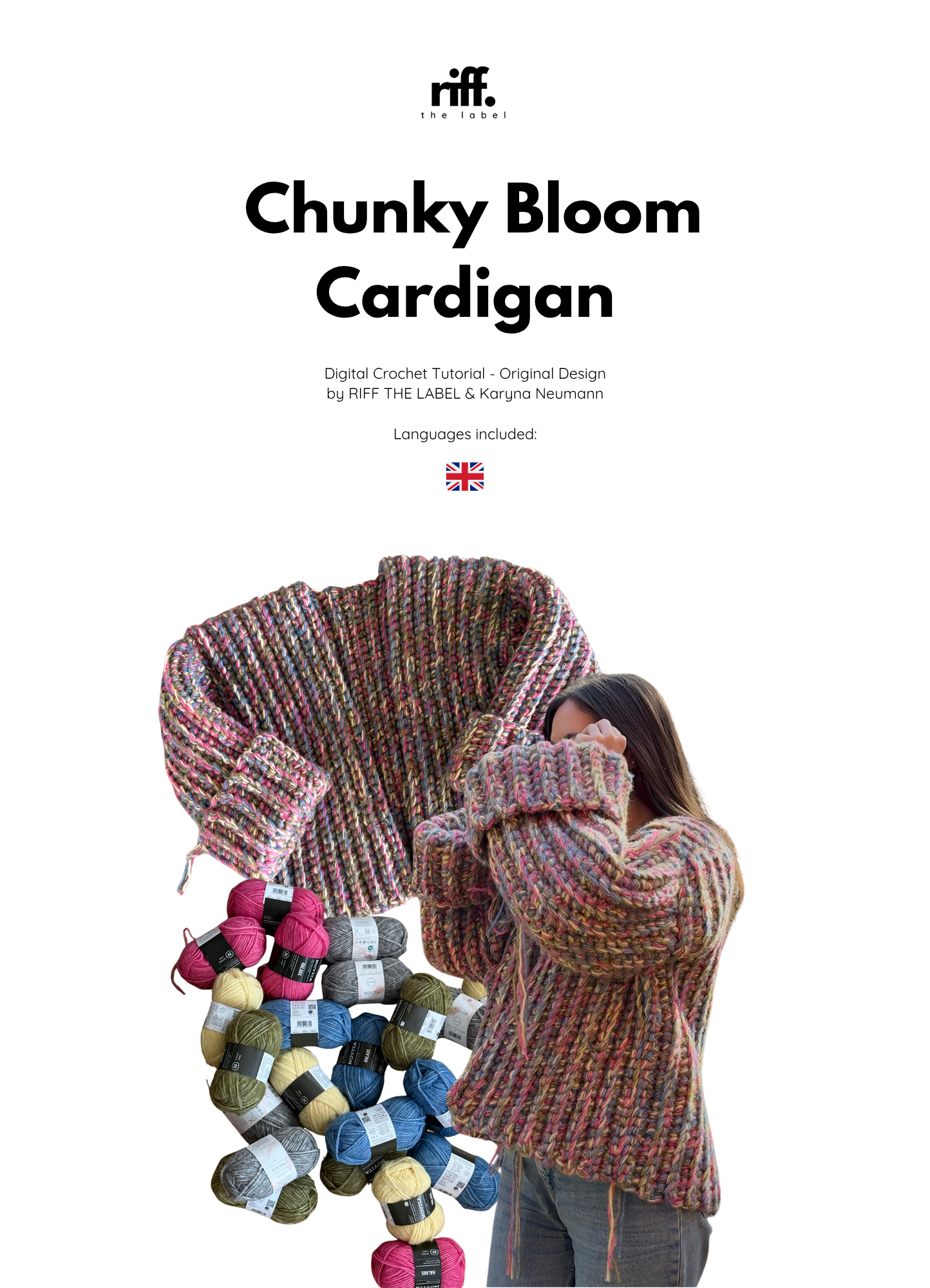 Cardigan-making kit with yarn and a person wearing a completed cardigan on a white background, featuring the brand 'riff'.