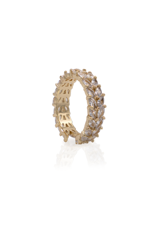 clear leaf-shaped zirconia stone ring on a white background